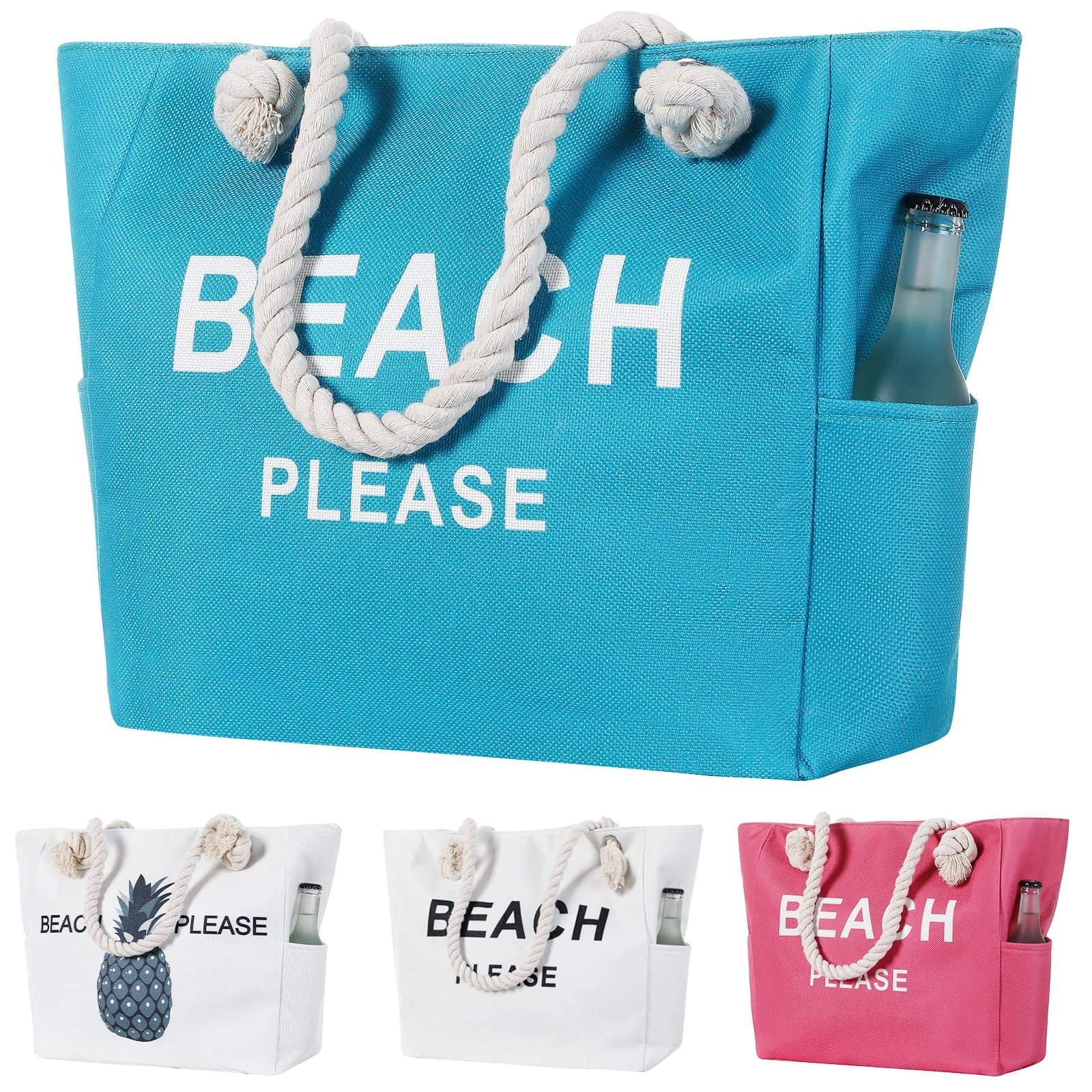 Women Large Canvas Beach Tote Bag with Inner Pockets , Waterproof Sandproof Handmade Tote Bags Zip Closure for Travel Vacation Gifts , Summer Cruise Pool Essentials Shoulder Crossbody Handbag