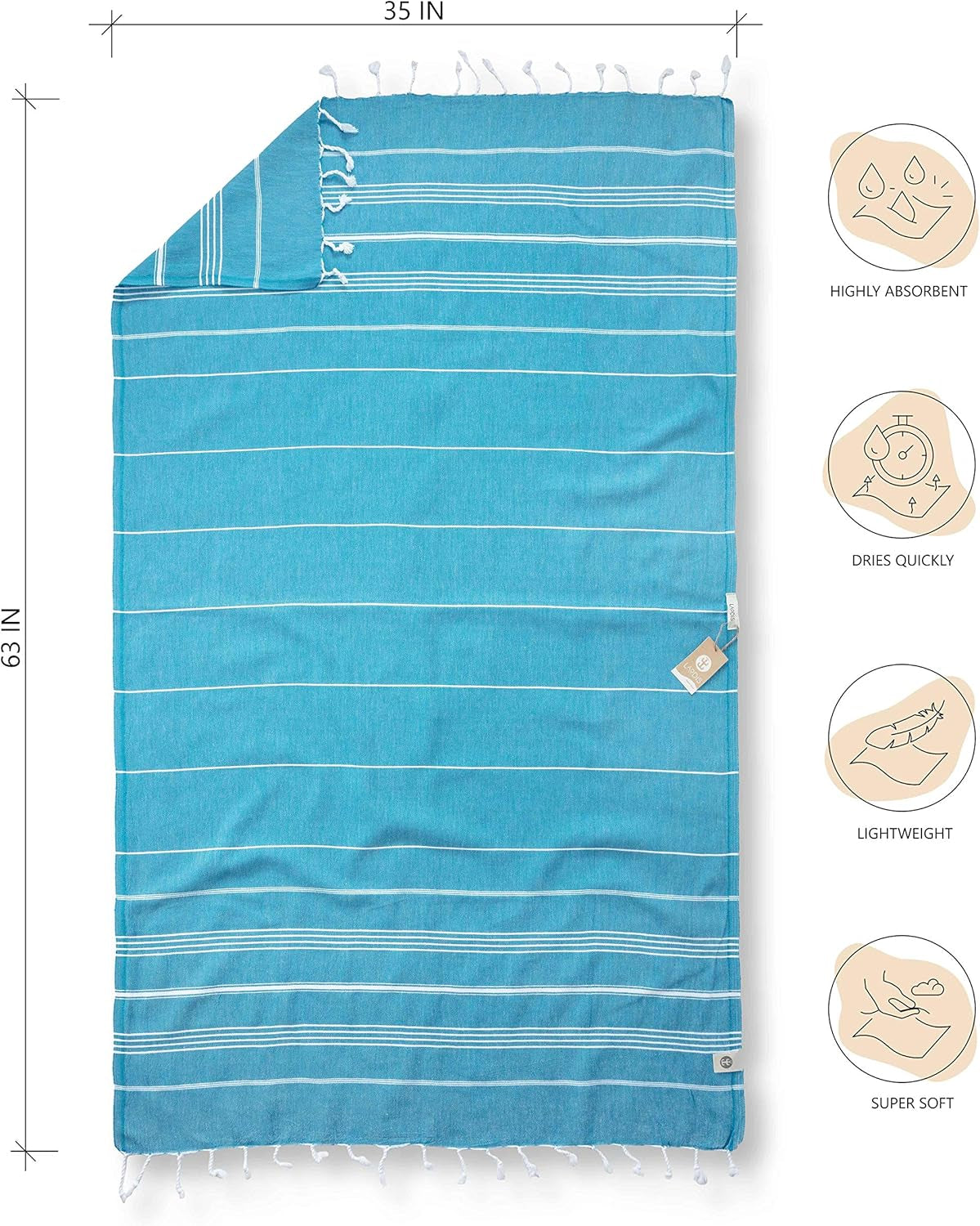Turkish Beach Towel 39 X 71 Quick Dry Sand Free Lightweight Large Oversized Beach Towel Turkish Towels for Camping Yoga Gym Pool Travel - Turqouise