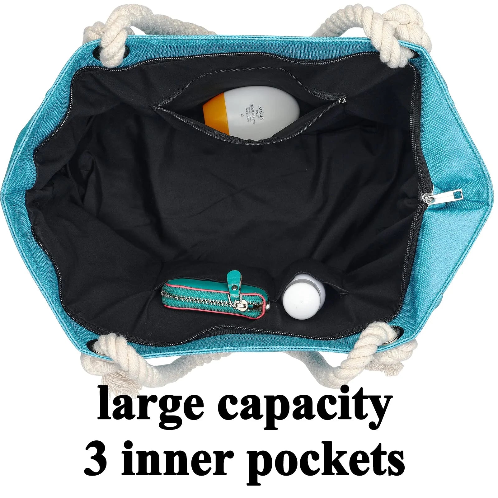 Women Large Canvas Beach Tote Bag with Inner Pockets , Waterproof Sandproof Handmade Tote Bags Zip Closure for Travel Vacation Gifts , Summer Cruise Pool Essentials Shoulder Crossbody Handbag